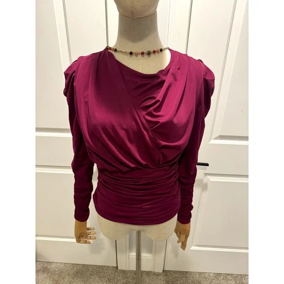 Deep Pink Blouse With Ruching, asymetrical, Puffy upper - Picture 6 of 7
